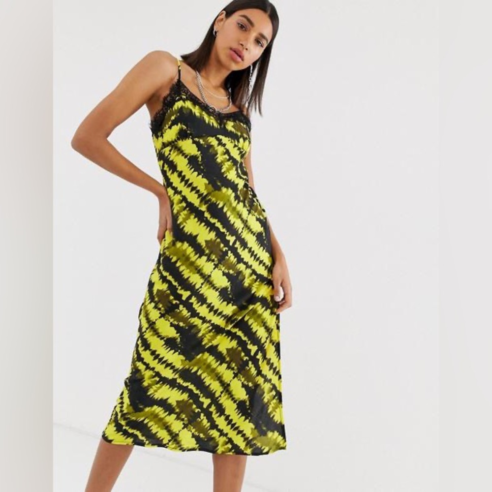 Reclaimed Vintage ASOS Tie Dye Lace Trim Midi Slip Dress Yellow Black Sz 4